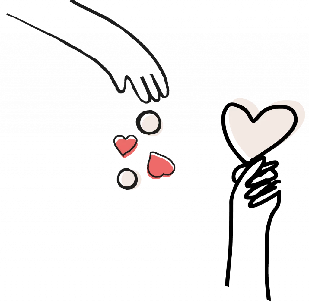 Illustration zweier Hände, die sich Herzen reichen