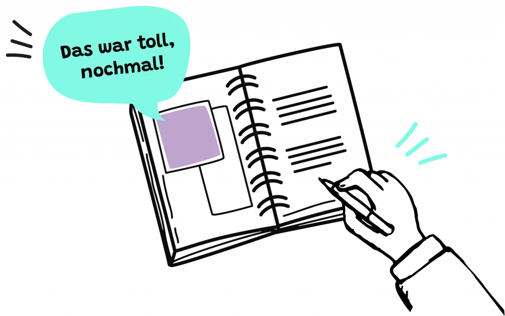 Illustration eines Notizbuches und einer Hand, die darin schreibt. Dazu eine Sprechblase "Das war toll, nochmal!"