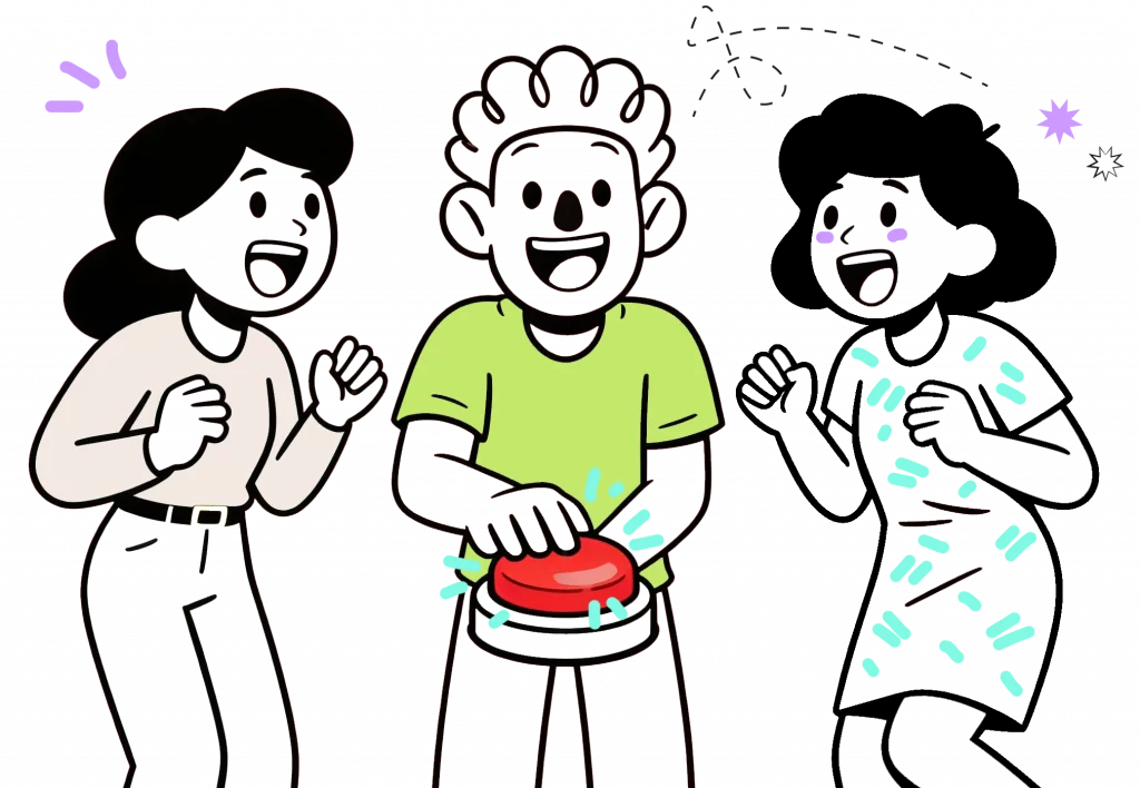 YAYminator Illustration von drei Personen, die fröhlich auf einen Buzzer hauen