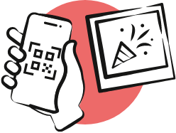 Illustratives Icon: Ein Smartphone mit QR-Code und ein Foto